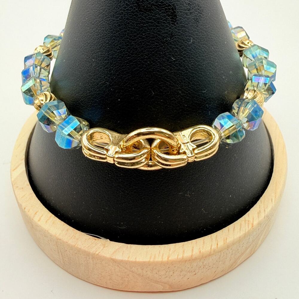 Erimish Blue Aurora Borealis Crystal Beaded Stacking Bracelet Stretch Gold Tone